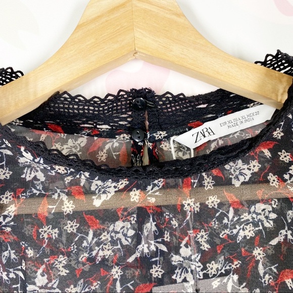 NEW ZARA Black Ditsy Floral Print Ruffle Sheer Blouse XL - Picture 9 of 11